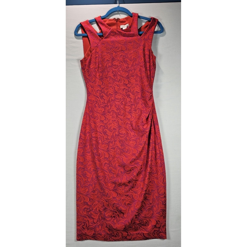 Y2K Cache Red Pink Jacquard Bodycon Dress Sleeveless Ruched Side Zip Size 4 NWT‎